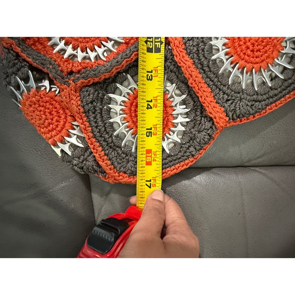 Handmade Crochet Soda Pop Tab Bag‎ Orange Gray Boho Granny Square Lined Tote - Picture 4 of 7